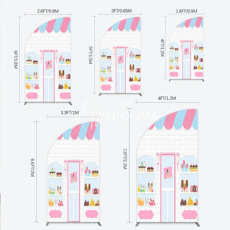 Aperturee - Aperturee Pink Blue Striped Awning Candy Shop Ice Cream Half Moon Arch Backdrop Sweet Dessert Birthday Party Decor