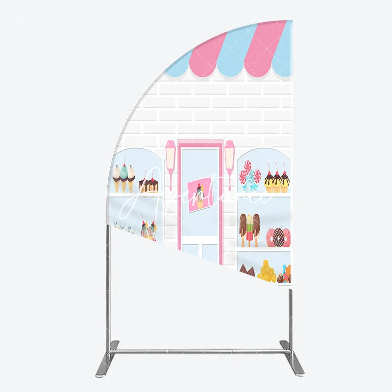 Aperturee - Aperturee Pink Blue Striped Awning Candy Shop Ice Cream Half Moon Arch Backdrop Sweet Dessert Birthday Party Decor