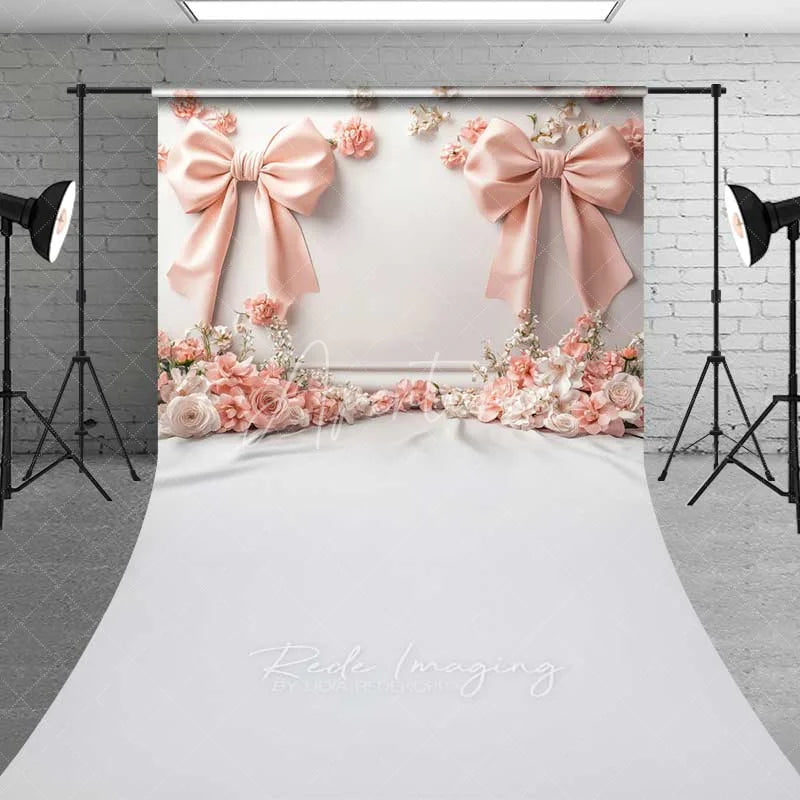 Aperturee - Aperturee Pink Bow 3D Floral Cloth Sweep Photography Backdrop Elegant Wedding Relief Flower Silk Floor Photo Prop