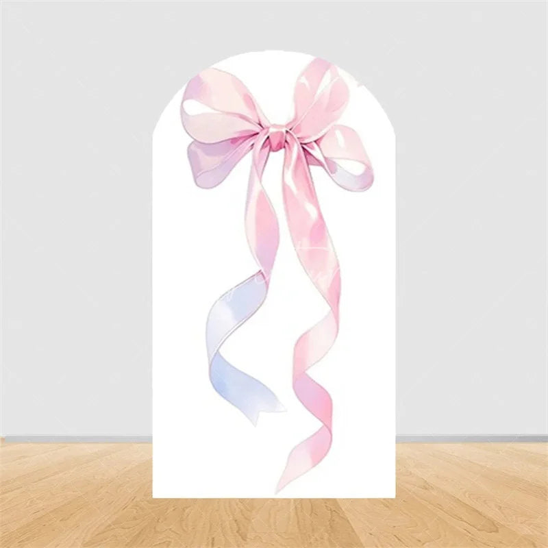 Aperturee - Aperturee Pink Bow Arch Backdrop Watercolor Ribbon Princess Birthday Party Decor Coquette Girl Baby Shower Prop