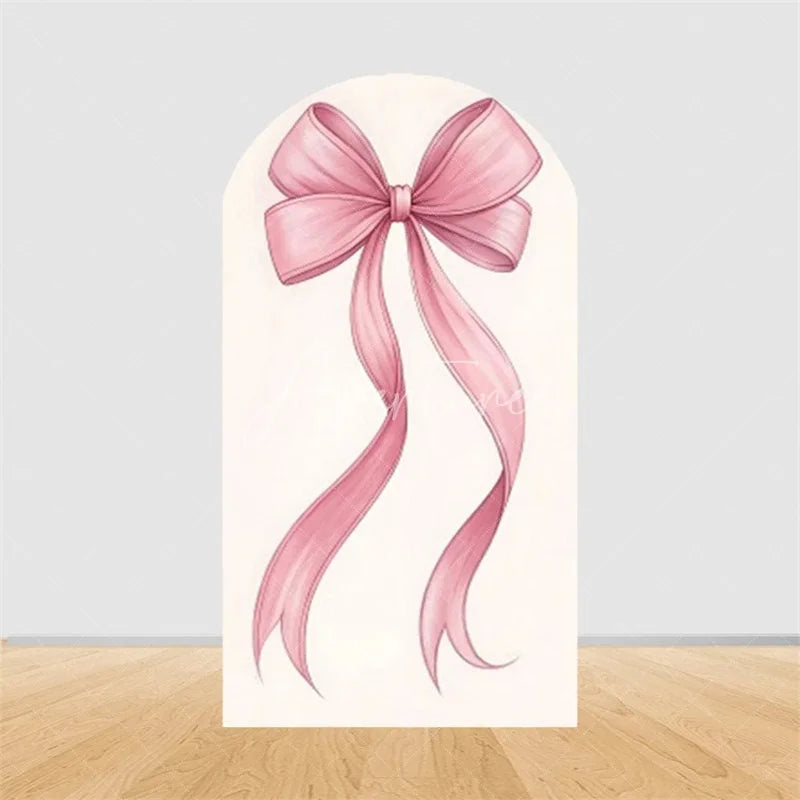 Aperturee - Aperturee Pink Bow Arch Backdrop Watercolor Ribbon Princess Birthday Party Decor Coquette Girl Baby Shower Prop