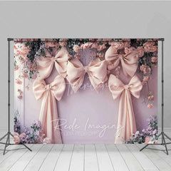 Aperturee - Aperturee Pink Bow Floral Wedding Photography Backdrop Romantic Bridal Shower Flower Curtain Background