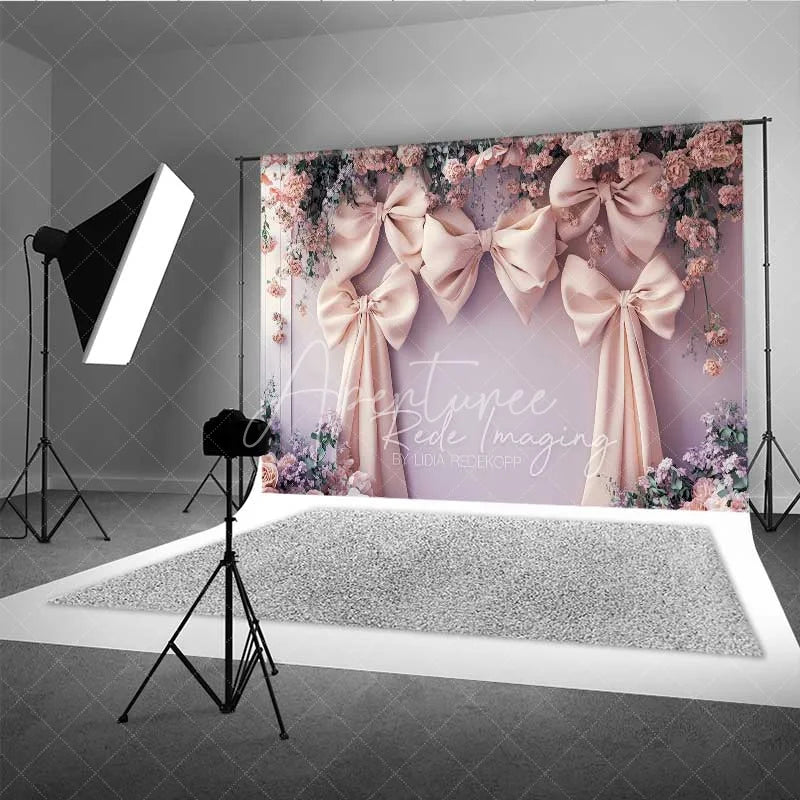 Aperturee - Aperturee Pink Bow Floral Wedding Photography Backdrop Romantic Bridal Shower Flower Curtain Background