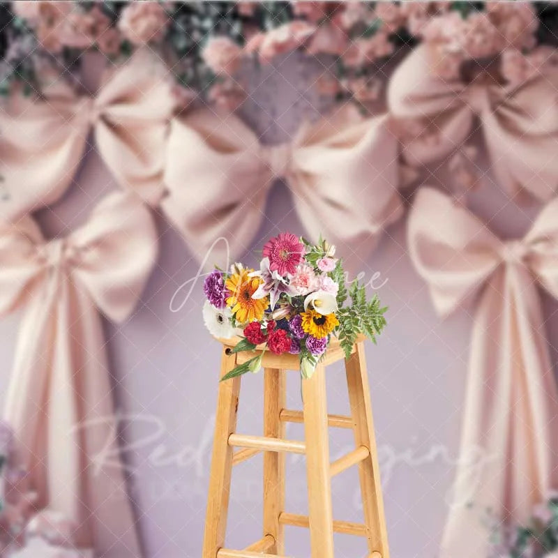 Aperturee - Aperturee Pink Bow Floral Wedding Photography Backdrop Romantic Bridal Shower Flower Curtain Background