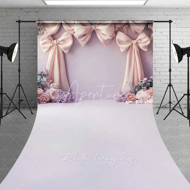 Aperturee - Aperturee Pink Bow Floral Wedding Sweep Photography Backdrop Romantic Bridal Shower Flower Floor Photo Background