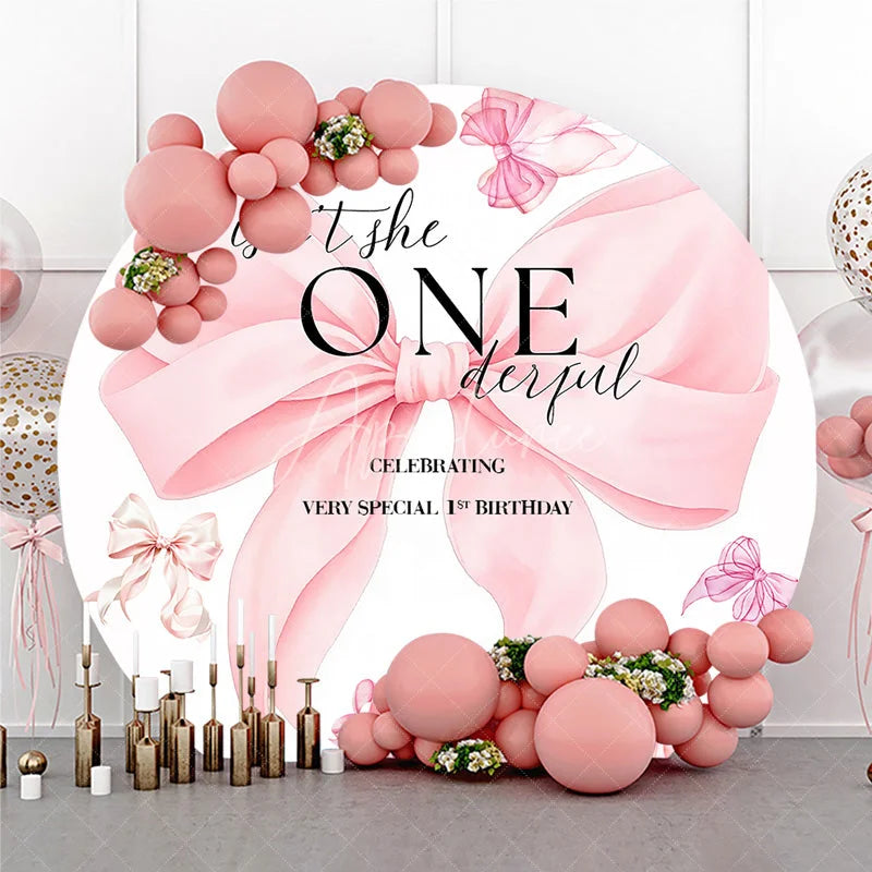 Aperturee - Aperturee Pink Bow Isn’t She ONEderful 1st Birthday Round Backdrop Sweet Girl Very Special First Birthday Party Banner