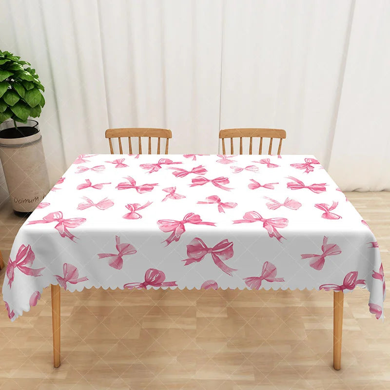 Aperturee - Aperturee Pink Bow Rectangle Tablecloth Watercolor Ribbon Table Cover Girl Birthday Baby Shower Party Decor