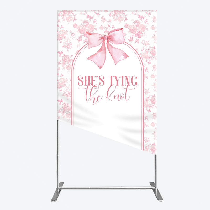 Aperturee - Aperturee Pink Bow Shes Tying The Knot Bridal Shower Rectangle Backdrop