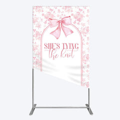 Aperturee - Aperturee Pink Bow Shes Tying The Knot Bridal Shower Rectangle Backdrop