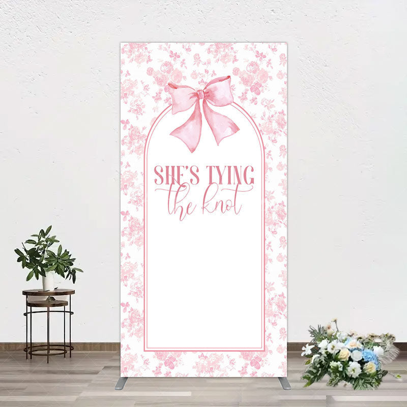 Aperturee - Aperturee Pink Bow Shes Tying The Knot Bridal Shower Rectangle Backdrop