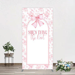 Aperturee - Aperturee Pink Bow Shes Tying The Knot Bridal Shower Rectangle Backdrop
