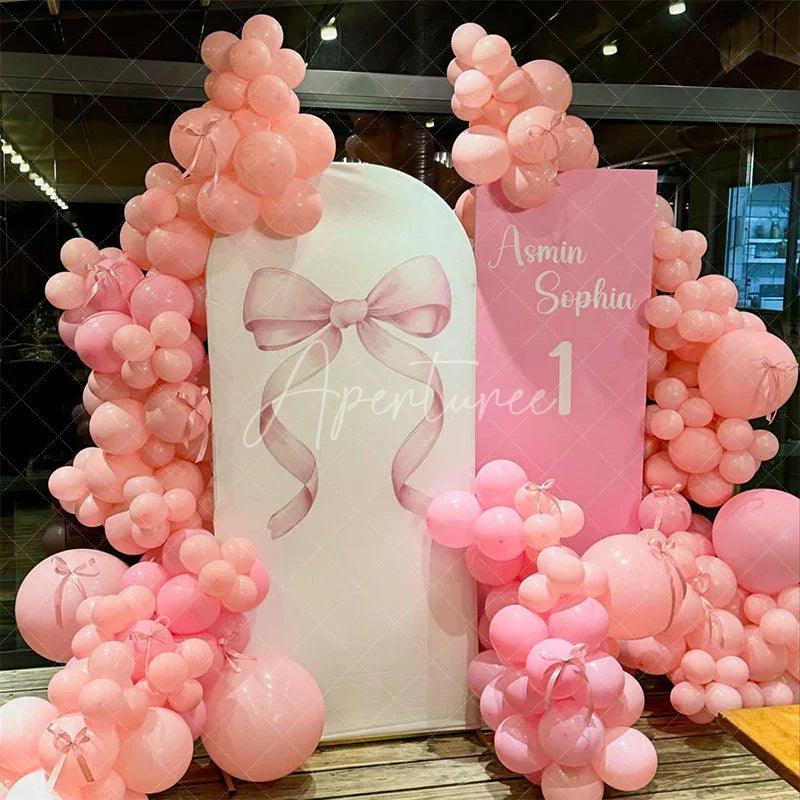 Aperturee - Aperturee Pink Bow White Birthday Party Arch Backdrop