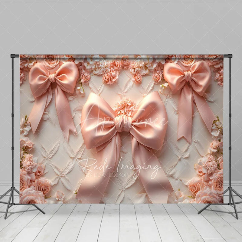 Aperturee - Aperturee Pink Bows Fine Art Backdrop Pastel Ribbon Floral Texture Background Newborn Girl Photography Prop