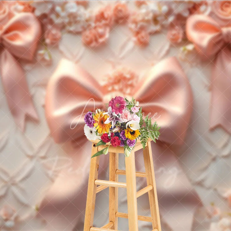 Aperturee - Aperturee Pink Bows Fine Art Backdrop Pastel Ribbon Floral Texture Background Newborn Girl Photography Prop
