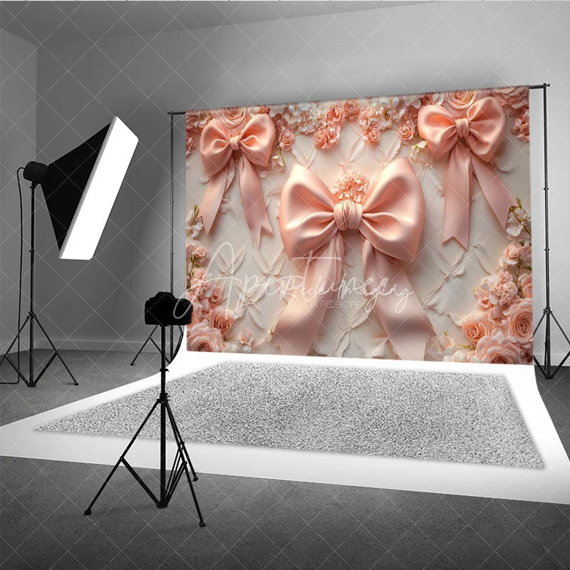Aperturee - Aperturee Pink Bows Fine Art Backdrop Pastel Ribbon Floral Texture Background Newborn Girl Photography Prop