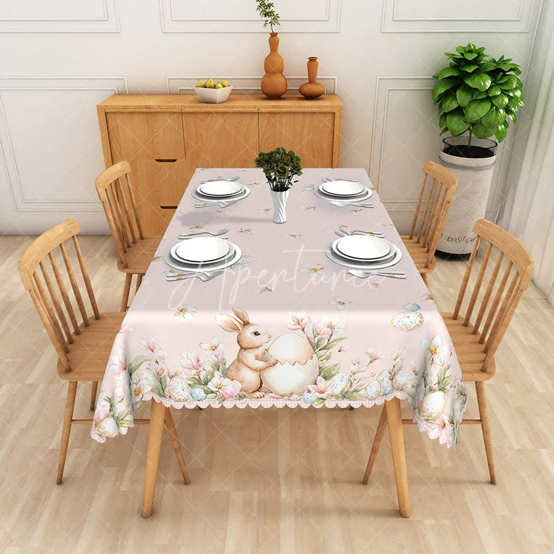 Aperturee - Aperturee Pink Bunny Holding Egg Rectangle Tablecloth Cute Rabbit Floral Border Table Cover Easter Holiday Baby Shower Decor