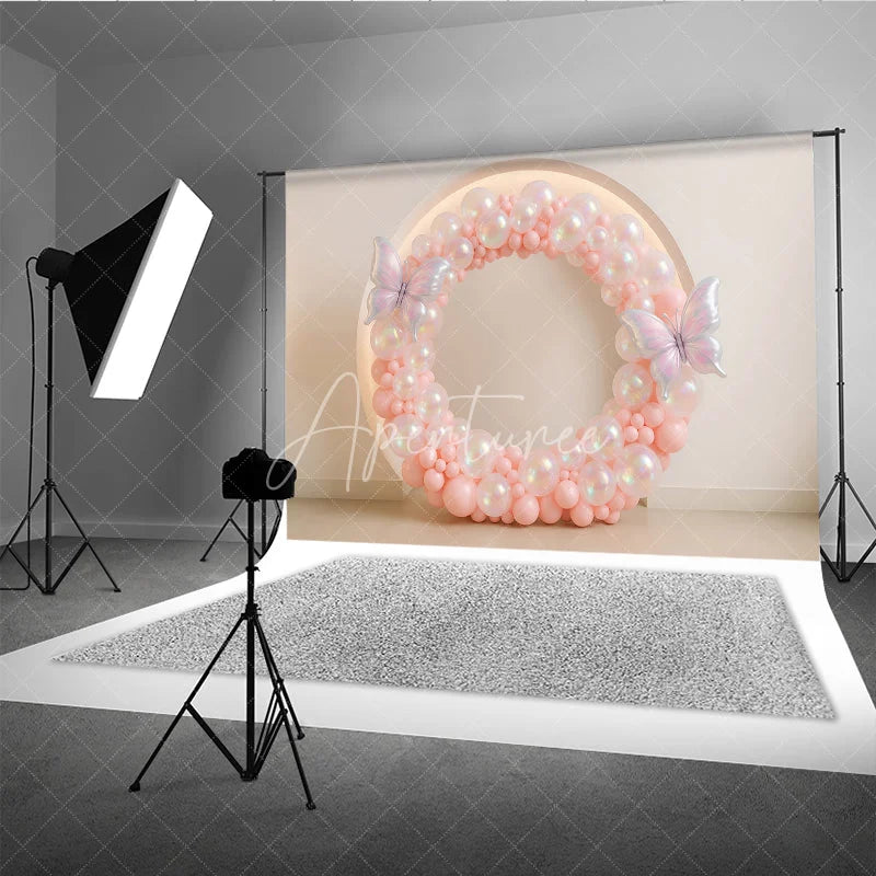 Aperturee - Aperturee Pink Butterfly Balloon Wreath Photography Backdrop Iridescent Balloons for First Birthday Girl’s Cake Smash Decor