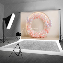 Aperturee - Aperturee Pink Butterfly Balloon Wreath Photography Backdrop Iridescent Balloons for First Birthday Girl’s Cake Smash Decor
