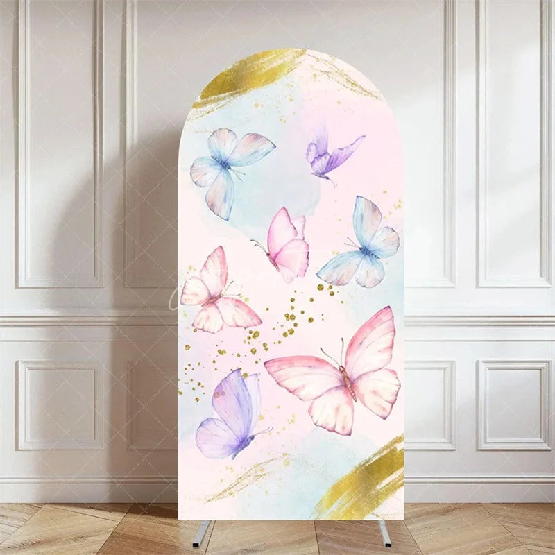 Aperturee - Aperturee Pink Butterfly Floral Arch Cover Girls Birthday Backdrop with Blossoms Spring Garden Party Photo Decor