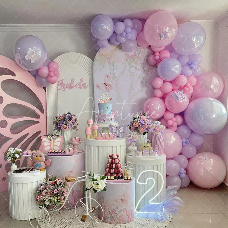Aperturee - Aperturee Pink Butterfly Spring Cartoon Birthday Arch Backdrop
