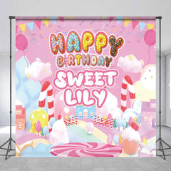 Aperturee - Aperturee Pink Candy Land Custom Birthday Backdrop with Donut Letters and Balloons Sweet Personalized Party Decor for Girls
