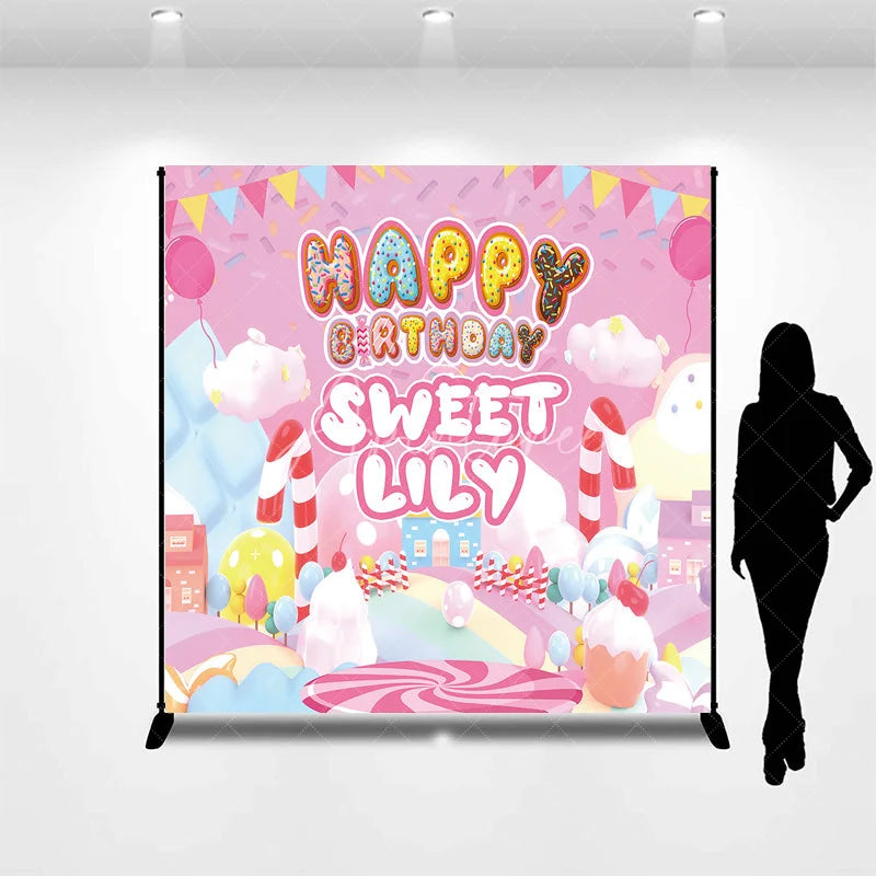 Aperturee - Aperturee Pink Candy Land Custom Birthday Backdrop with Donut Letters and Balloons Sweet Personalized Party Decor for Girls