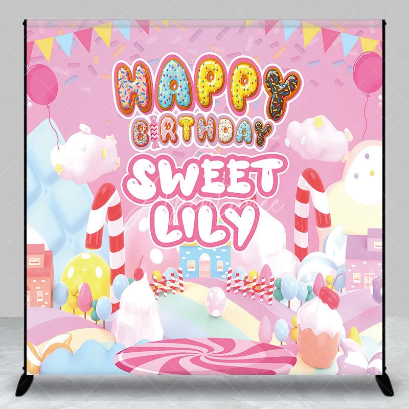 Aperturee - Aperturee Pink Candy Land Custom Birthday Backdrop with Donut Letters and Balloons Sweet Personalized Party Decor for Girls