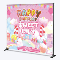 Aperturee - Aperturee Pink Candy Land Custom Birthday Backdrop with Donut Letters and Balloons Sweet Personalized Party Decor for Girls