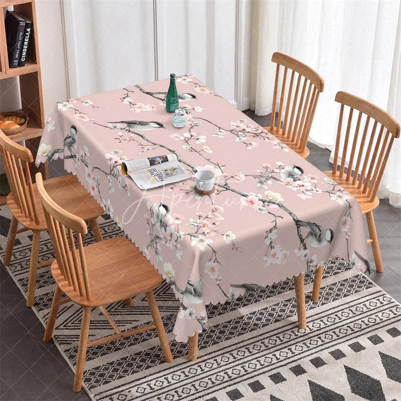 Aperturee - Aperturee Pink Cherry Blossom and Bird Rectangle Tablecloth Elegant Floral Dining Decor with Scalloped Edge