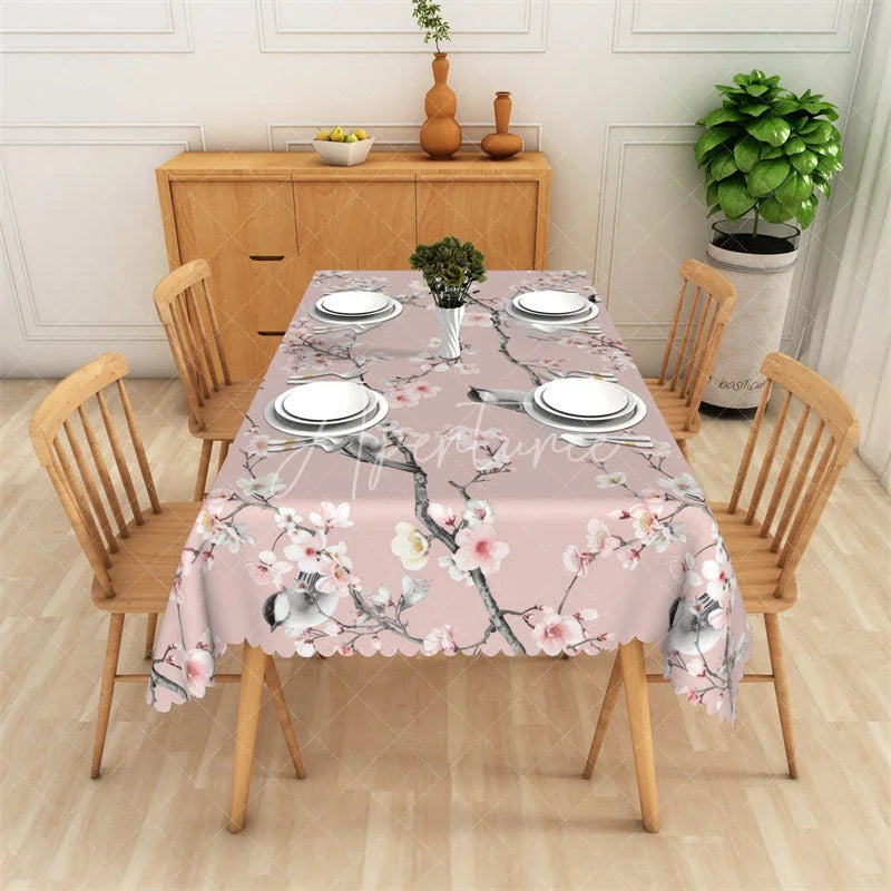 Aperturee - Aperturee Pink Cherry Blossom and Bird Rectangle Tablecloth Elegant Floral Dining Decor with Scalloped Edge