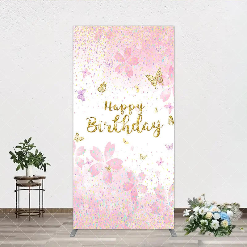 Aperturee - Aperturee Pink Cherry Blossom and Gold Glitter Happy Birthday Rectangle Arch Backdrop Butterfly Confetti Party Decor
