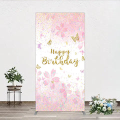 Aperturee - Aperturee Pink Cherry Blossom and Gold Glitter Happy Birthday Rectangle Arch Backdrop Butterfly Confetti Party Decor