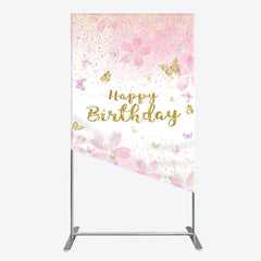 Aperturee - Aperturee Pink Cherry Blossom and Gold Glitter Happy Birthday Rectangle Arch Backdrop Butterfly Confetti Party Decor