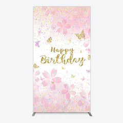 Aperturee - Aperturee Pink Cherry Blossom and Gold Glitter Happy Birthday Rectangle Arch Backdrop Butterfly Confetti Party Decor