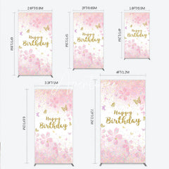 Aperturee - Aperturee Pink Cherry Blossom and Gold Glitter Happy Birthday Rectangle Arch Backdrop Butterfly Confetti Party Decor