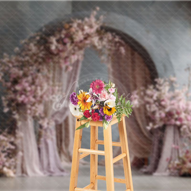 Aperturee - Aperturee Pink Cherry Blossom Arch Photography Backdrop Draped Fabric for Spring Wedding Romantic Photo Background