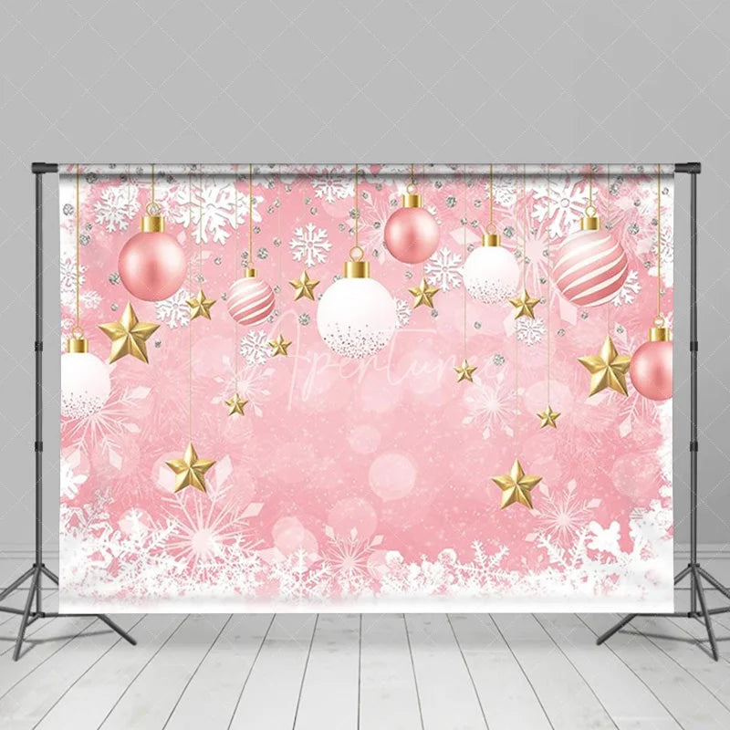 Aperturee - Aperturee Pink Christmas Backdrop Hanging Ornaments Snowflake Background for Girl Winter Xmas Holiday Party Decoration Banner