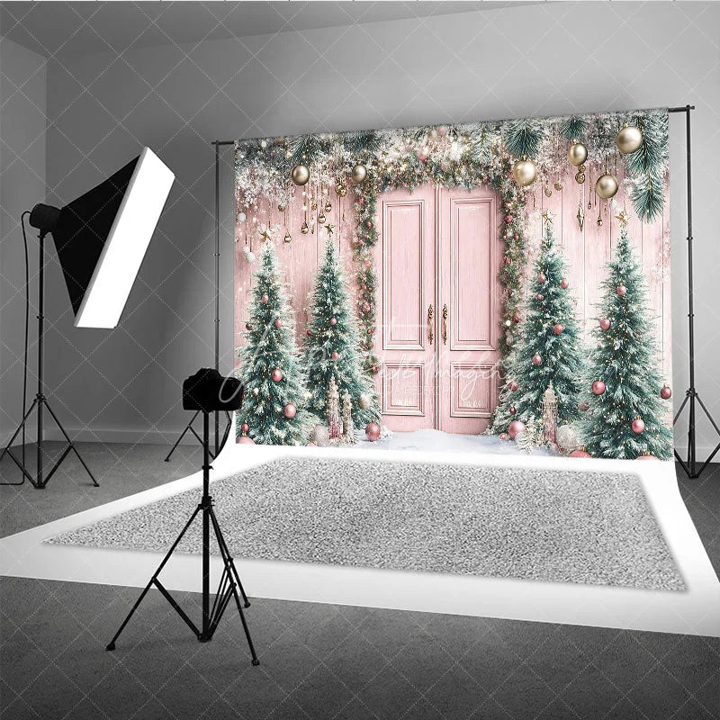 Aperturee - Aperturee Pink Christmas Door Photography Backdrop Flocked Trees with Rose Gold Ornaments Whimsical Holiday Photo Background