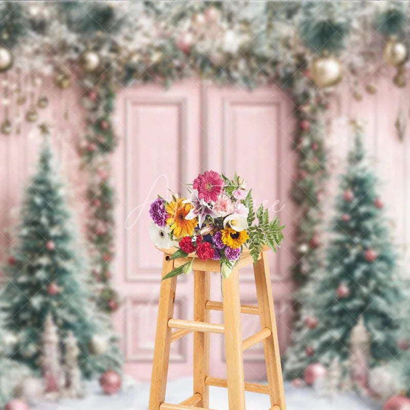 Aperturee - Aperturee Pink Christmas Door Photography Backdrop Flocked Trees with Rose Gold Ornaments Whimsical Holiday Photo Background