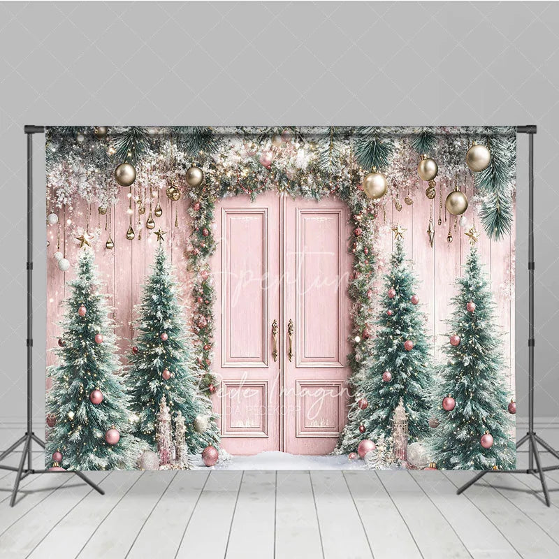 Aperturee - Aperturee Pink Christmas Door Photography Backdrop Flocked Trees with Rose Gold Ornaments Whimsical Holiday Photo Background