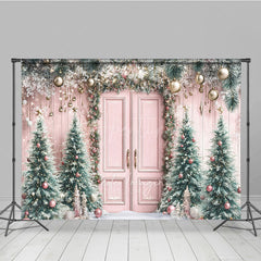 Aperturee - Aperturee Pink Christmas Door Photography Backdrop Flocked Trees with Rose Gold Ornaments Whimsical Holiday Photo Background