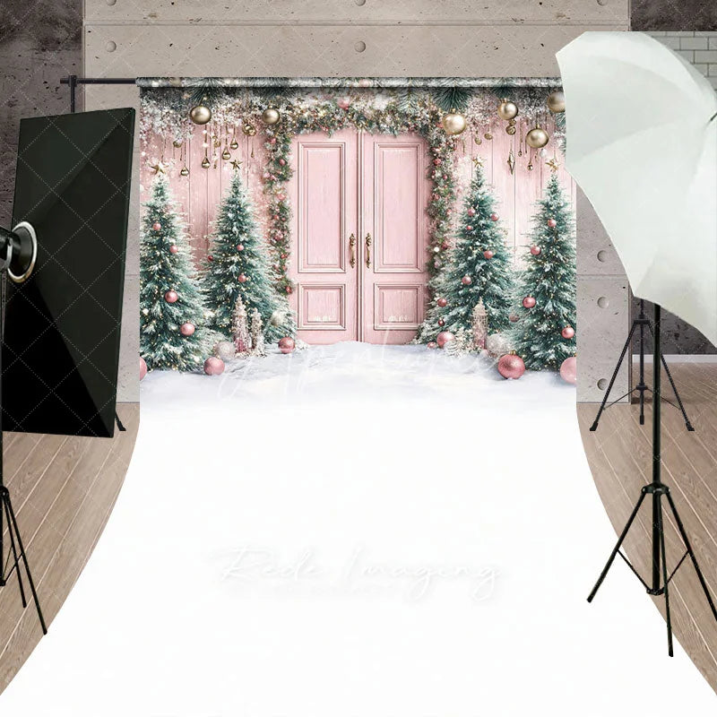 Aperturee - Aperturee Pink Christmas Door Sweep Backdrop Flocked Trees with Rose Gold Ornaments Whimsical Holiday Photo Floor Drop