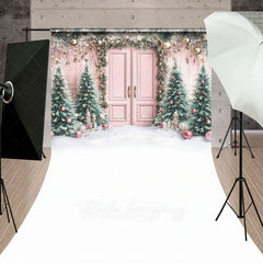Aperturee - Aperturee Pink Christmas Door Sweep Backdrop Flocked Trees with Rose Gold Ornaments Whimsical Holiday Photo Floor Drop