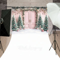 Aperturee - Aperturee Pink Christmas Door Sweep Backdrop Flocked Trees with Rose Gold Ornaments Whimsical Holiday Photo Floor Drop