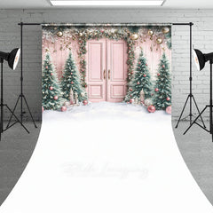 Aperturee - Aperturee Pink Christmas Door Sweep Backdrop Flocked Trees with Rose Gold Ornaments Whimsical Holiday Photo Floor Drop