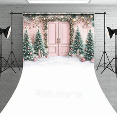 Aperturee - Aperturee Pink Christmas Door Sweep Backdrop Flocked Trees with Rose Gold Ornaments Whimsical Holiday Photo Floor Drop