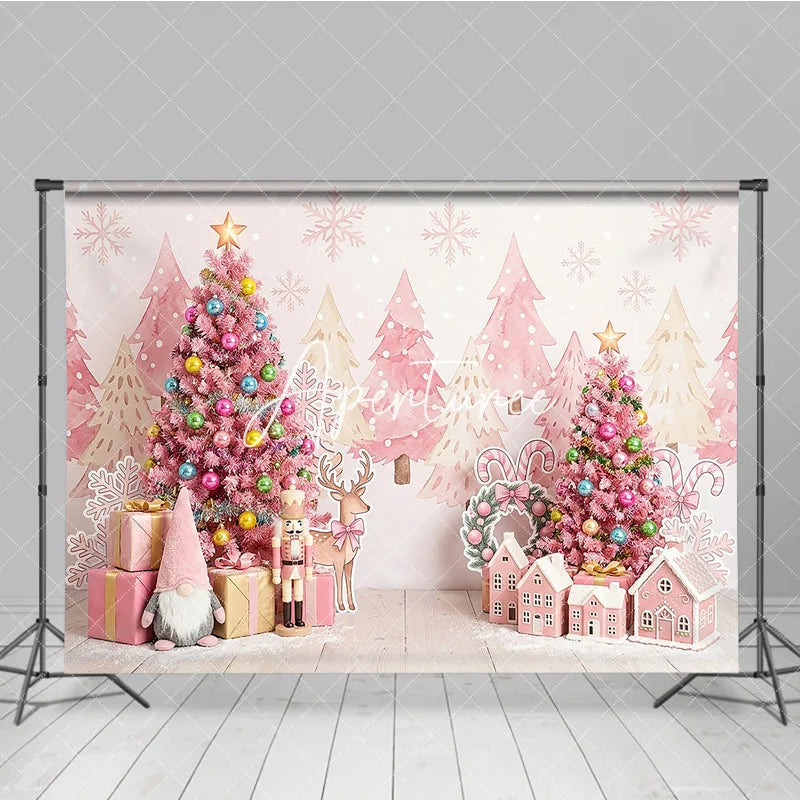 Aperturee - Aperturee Pink Christmas Tree and Nutcracker Holiday Backdrop Pastel Winter Wonderland Gingerbread House Party Decor
