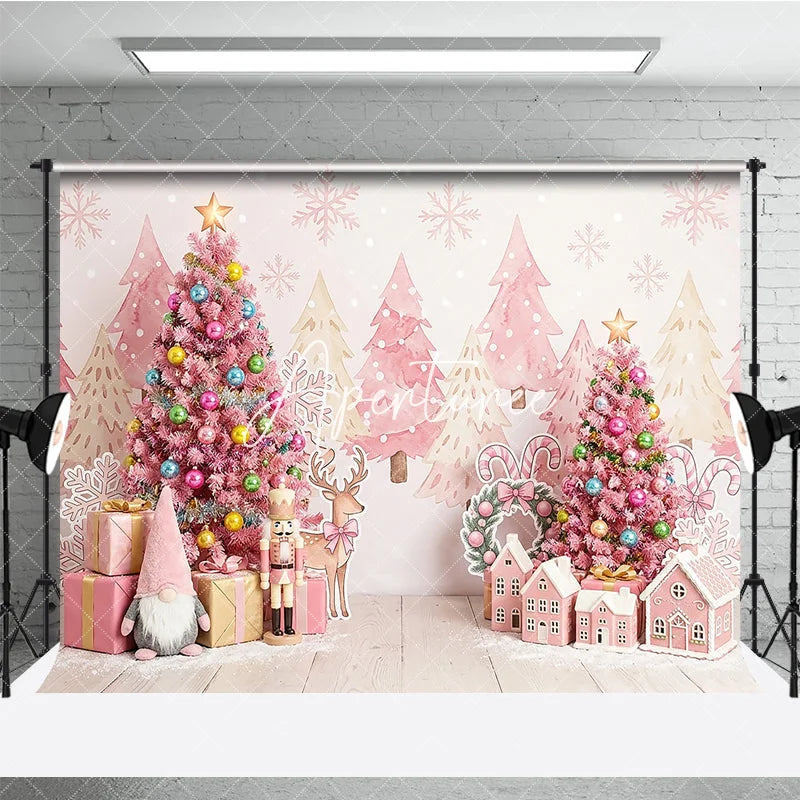 Aperturee - Aperturee Pink Christmas Tree and Nutcracker Holiday Backdrop Pastel Winter Wonderland Gingerbread House Party Decor
