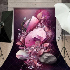 Aperturee - Aperturee Pink Crystal Gemstone and Stylized Leaves Backdrop Dark Plum Abstract Luxury Photography Background