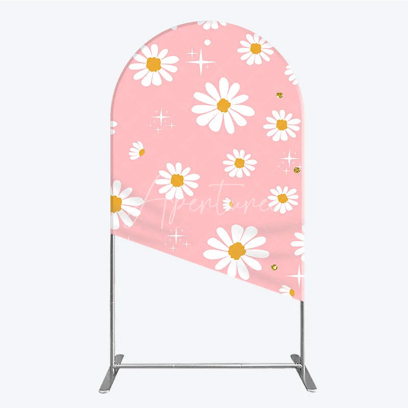 Aperturee - Aperturee Pink Daisy Floral Round Top Arch Backdrop with White Flowers and Gold Glitter Sparkles Sweet Celebration Decor
